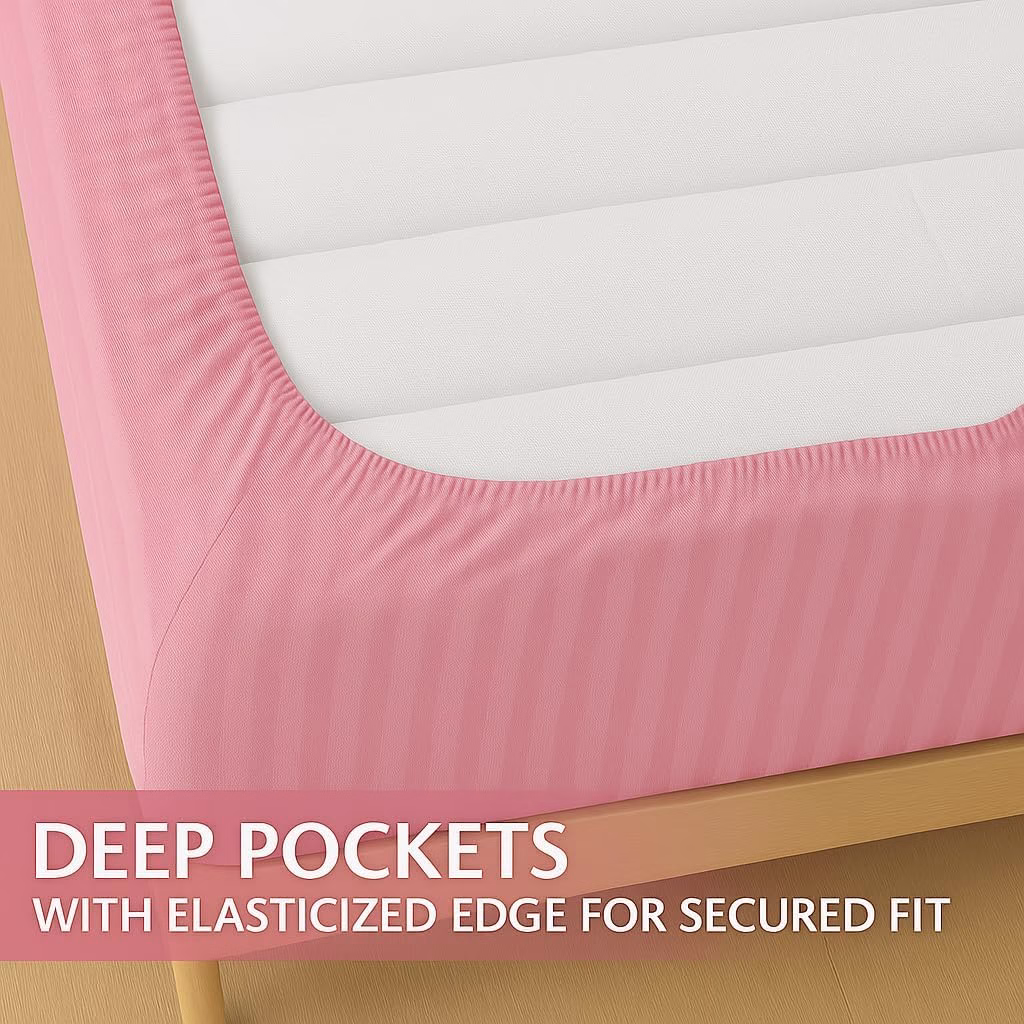 Home Mart Outlet Striped Microfiber Fitted Sheet Set – Queen 150x200 cm – Pink Color – 1 Fitted Sheet & 2 Pillowcases (50x75 cm) – Deep Pocket, Soft, Durable, Wrinkle-Resistant Bedding Set - Image 5