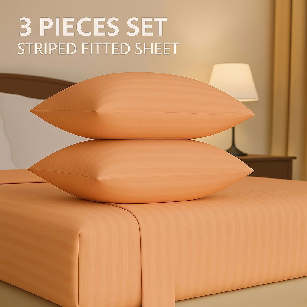 Home Mart Outlet Striped Microfiber Fitted Sheet Set – Queen 150x200 cm – Peach Color – 1 Fitted Sheet & 2 Pillowcases (50x75 cm) – Deep Pocket, Soft, Durable, Wrinkle-Resistant Bedding Set - Image 2