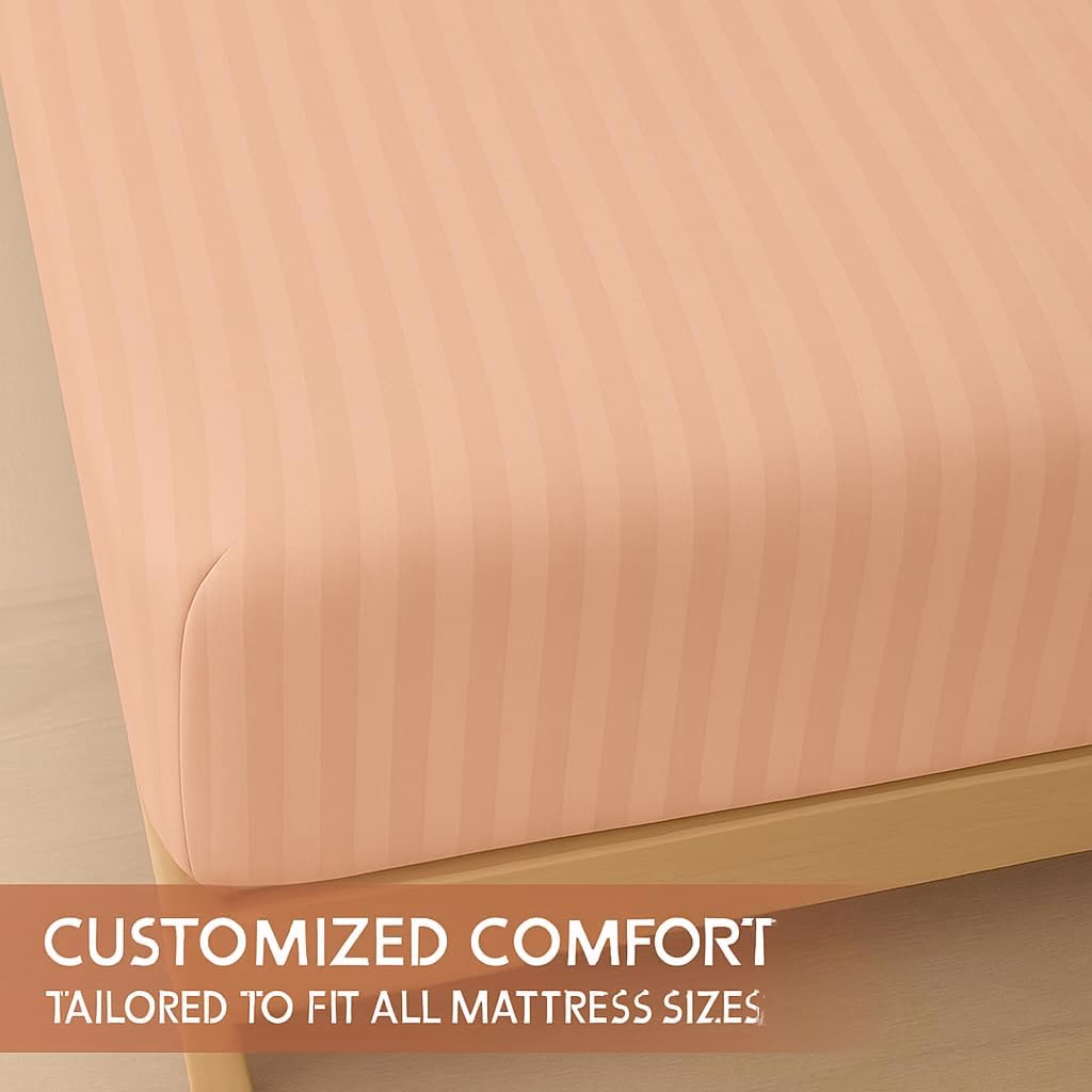 Home Mart Outlet Striped Microfiber Fitted Sheet Set – Queen 150x200 cm – Peach Color – 1 Fitted Sheet & 2 Pillowcases (50x75 cm) – Deep Pocket, Soft, Durable, Wrinkle-Resistant Bedding Set - Image 3