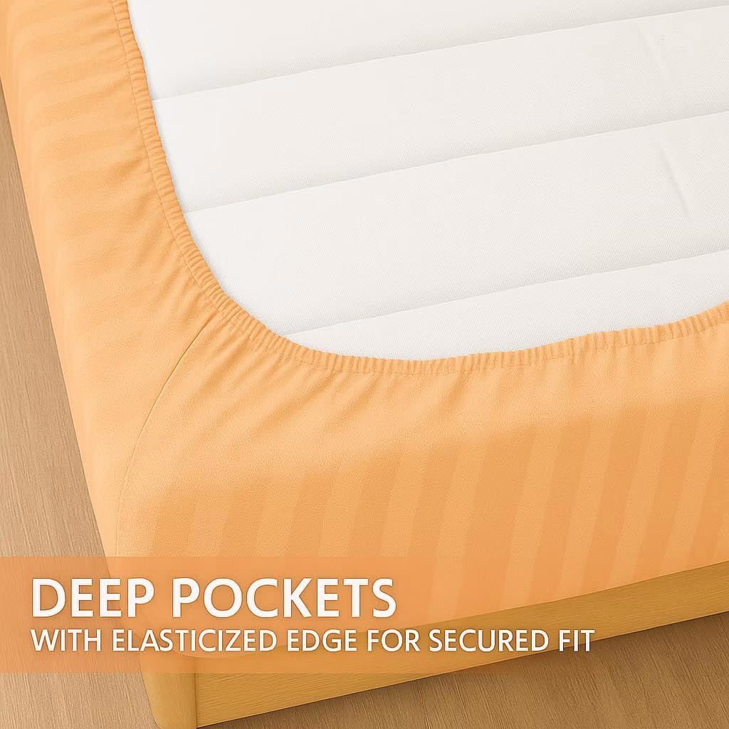 Home Mart Outlet Striped Microfiber Fitted Sheet Set – Queen 150x200 cm – Peach Color – 1 Fitted Sheet & 2 Pillowcases (50x75 cm) – Deep Pocket, Soft, Durable, Wrinkle-Resistant Bedding Set - Image 4