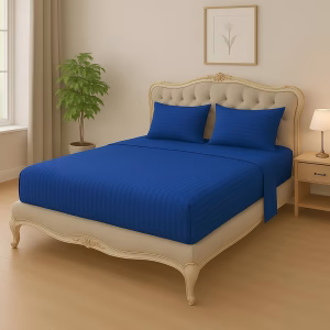 Home Mart Outlet Striped Microfiber Fitted Sheet Set – Queen 150x200 cm – Royal Blue Color – 1 Fitted Sheet & 2 Pillowcases (50x75 cm) – Deep Pocket, Soft, Durable, Wrinkle-Resistant Bedding Set