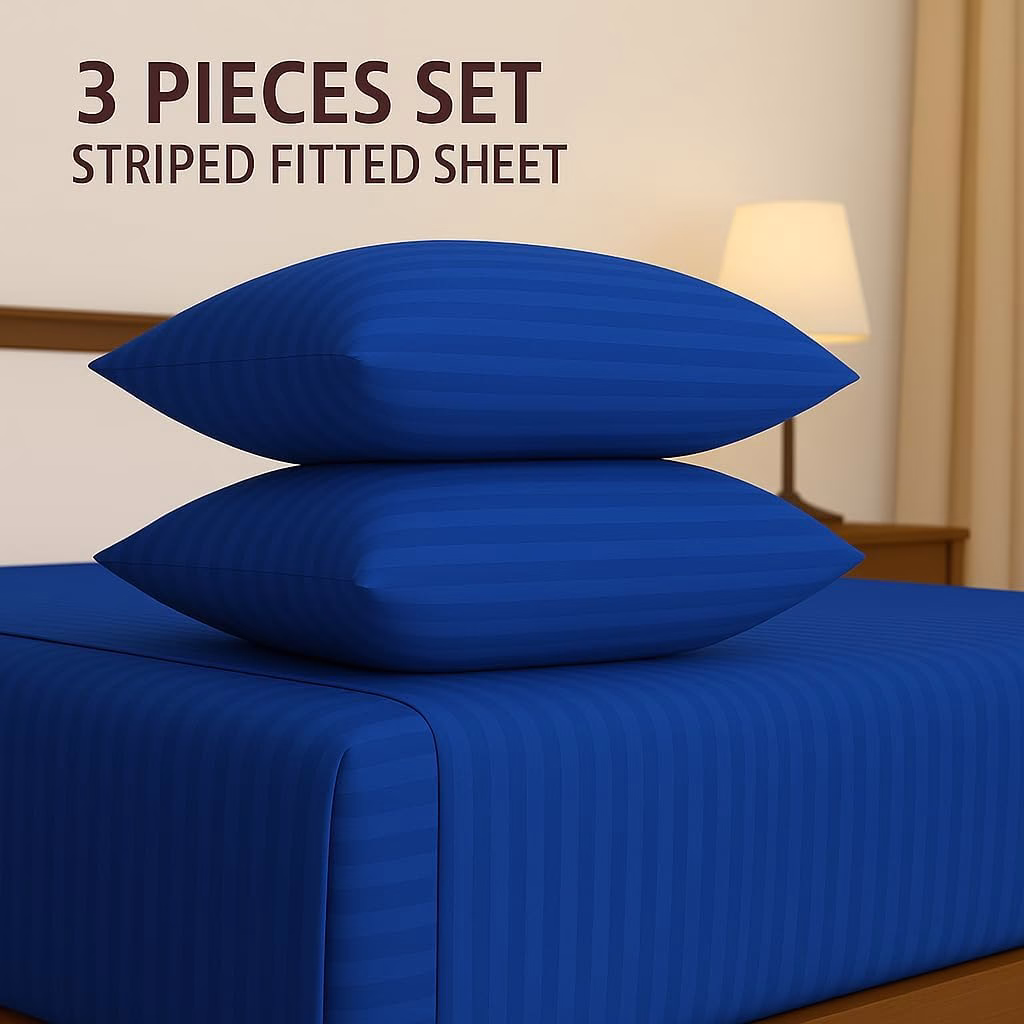 Home Mart Outlet Striped Microfiber Fitted Sheet Set – Queen 150x200 cm – Royal Blue Color – 1 Fitted Sheet & 2 Pillowcases (50x75 cm) – Deep Pocket, Soft, Durable, Wrinkle-Resistant Bedding Set - Image 2