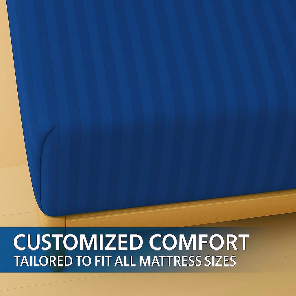 Home Mart Outlet Striped Microfiber Fitted Sheet Set – Queen 150x200 cm – Royal Blue Color – 1 Fitted Sheet & 2 Pillowcases (50x75 cm) – Deep Pocket, Soft, Durable, Wrinkle-Resistant Bedding Set - Image 3