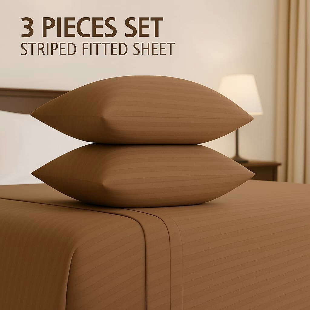 Home Mart Outlet Striped Microfiber Fitted Sheet Set – Super King 200x200 cm – Brown Color – 1 Fitted Sheet & 2 Pillowcases (50x75 cm) – Deep Pocket, Soft, Durable, Wrinkle-Resistant Bedding Set - Image 3