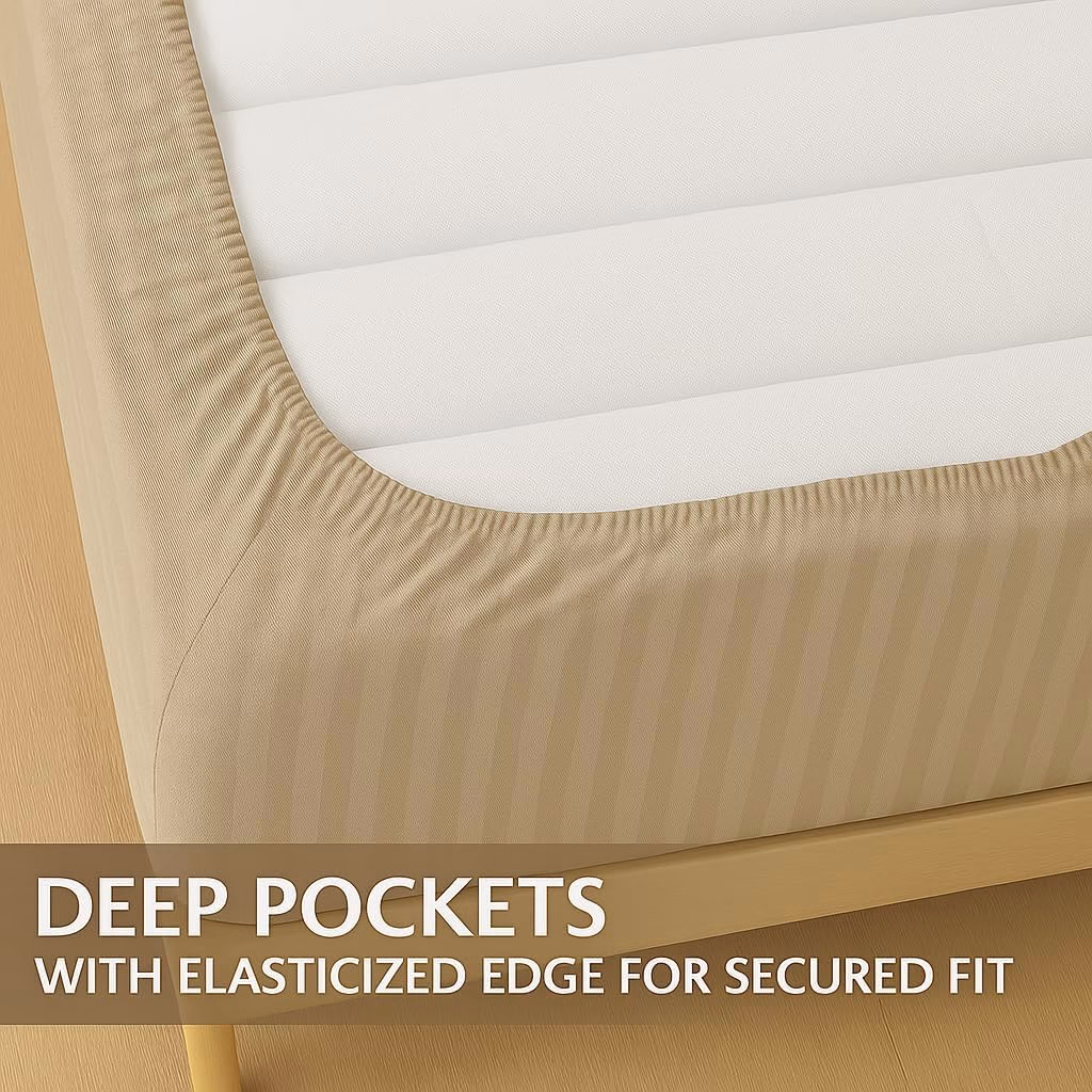 Home Mart Outlet Striped Microfiber Fitted Sheet Set – Super King 200x200 cm – Beige Color – 1 Fitted Sheet & 2 Pillowcases (50x75 cm) – Deep Pocket, Soft, Durable, Wrinkle-Resistant Bedding Set - Image 5