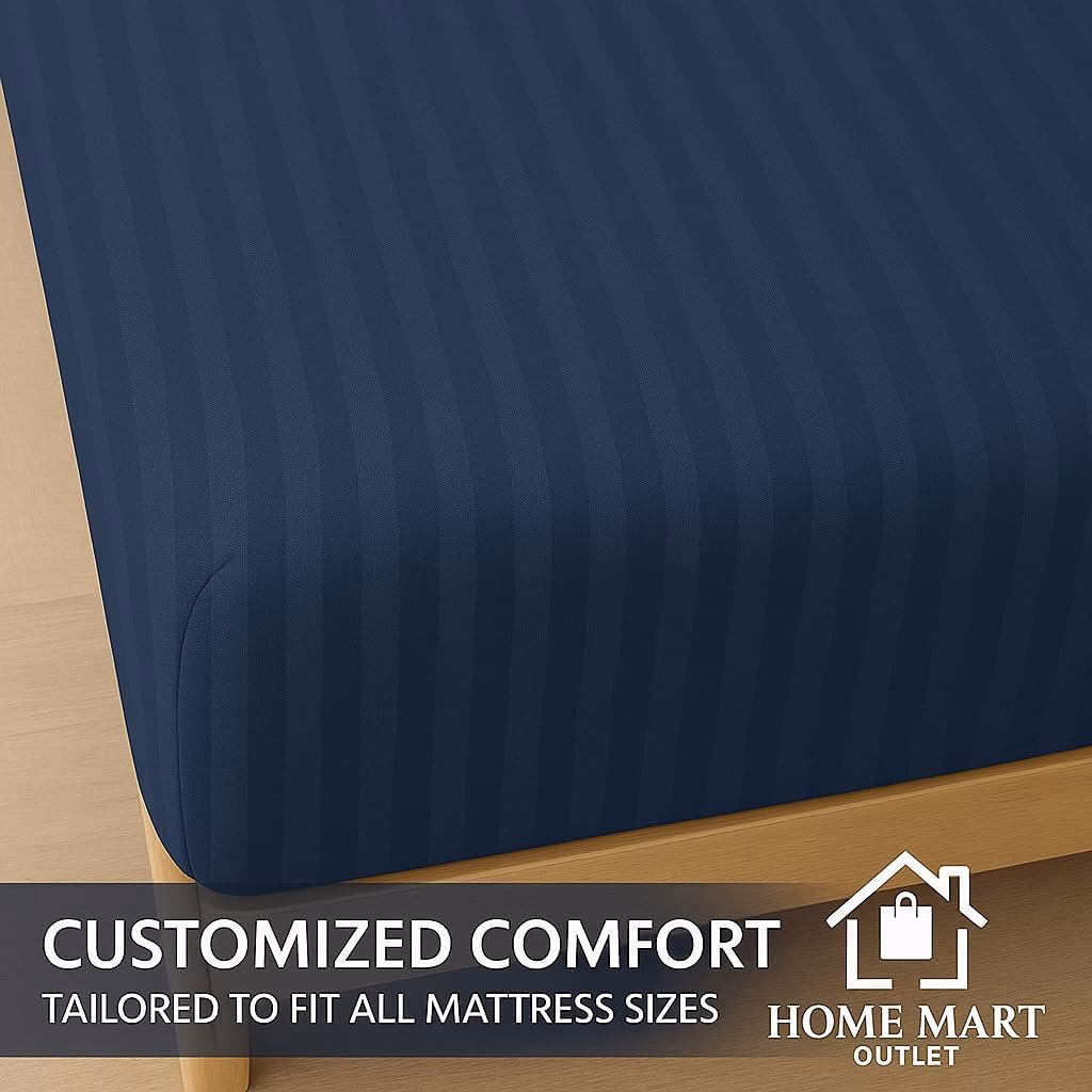 Home Mart Outlet Striped Microfiber Fitted Sheet Set – Queen 150x200 cm – Navy Blue Color – 1 Fitted Sheet & 2 Pillowcases (50x75 cm) – Deep Pocket, Soft, Durable, Wrinkle-Resistant Bedding Set - Image 148