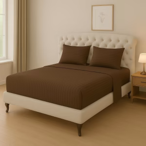 Home Mart Outlet Striped Microfiber Fitted Sheet Set – Super King 200x200 cm – Chocolate Color – 1 Fitted Sheet & 2 Pillowcases (50x75 cm) – Deep Pocket, Soft, Durable, Wrinkle-Resistant Bedding Set