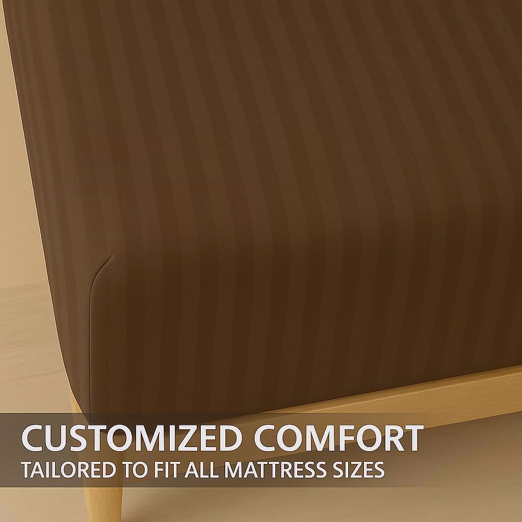 Home Mart Outlet Striped Microfiber Fitted Sheet Set – Super King 200x200 cm – Chocolate Color – 1 Fitted Sheet & 2 Pillowcases (50x75 cm) – Deep Pocket, Soft, Durable, Wrinkle-Resistant Bedding Set - Image 4