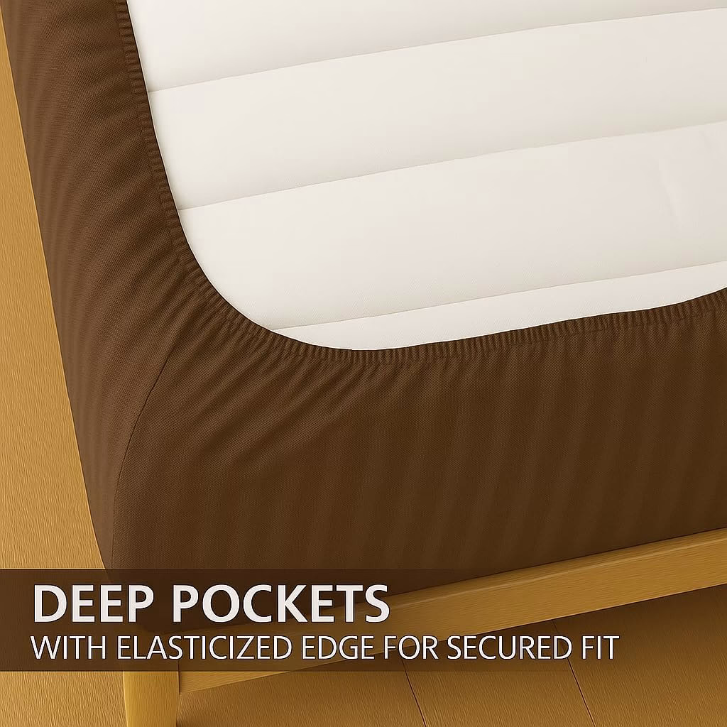 Home Mart Outlet Striped Microfiber Fitted Sheet Set – Super King 200x200 cm – Chocolate Color – 1 Fitted Sheet & 2 Pillowcases (50x75 cm) – Deep Pocket, Soft, Durable, Wrinkle-Resistant Bedding Set - Image 5