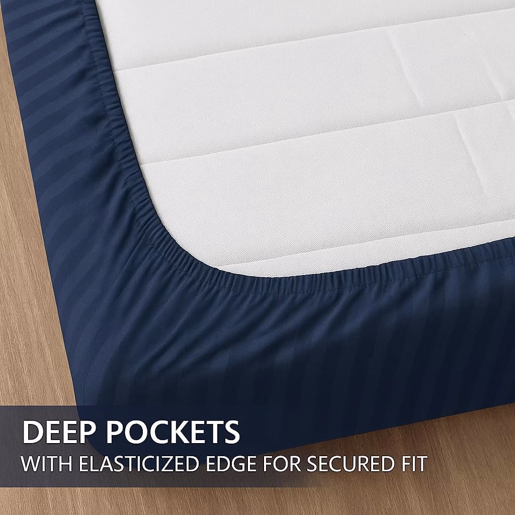Home Mart Outlet Striped Microfiber Fitted Sheet Set – Queen 150x200 cm – Navy Blue Color – 1 Fitted Sheet & 2 Pillowcases (50x75 cm) – Deep Pocket, Soft, Durable, Wrinkle-Resistant Bedding Set - Image 158