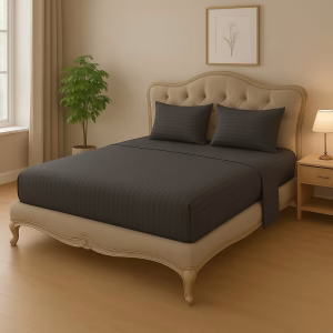 Home Mart Outlet Striped Microfiber Fitted Sheet Set – Super King 200x200 cm – Dark Gray Color – 1 Fitted Sheet & 2 Pillowcases (50x75 cm) – Deep Pocket, Soft, Durable, Wrinkle-Resistant Bedding Set