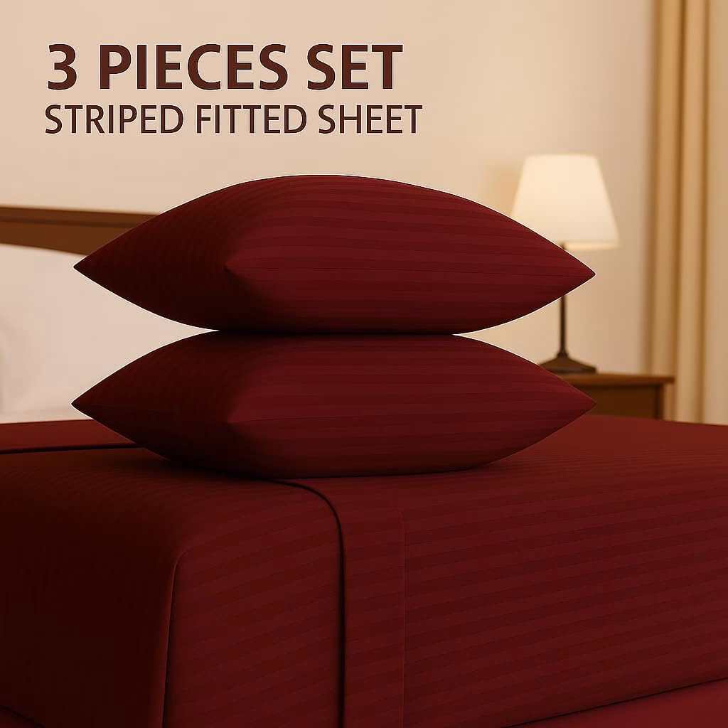 Home Mart Outlet Striped Microfiber Fitted Sheet Set – Super King 200x200 cm – Maroon Color – 1 Fitted Sheet & 2 Pillowcases (50x75 cm) – Deep Pocket, Soft, Durable, Wrinkle-Resistant Bedding Set - Image 3
