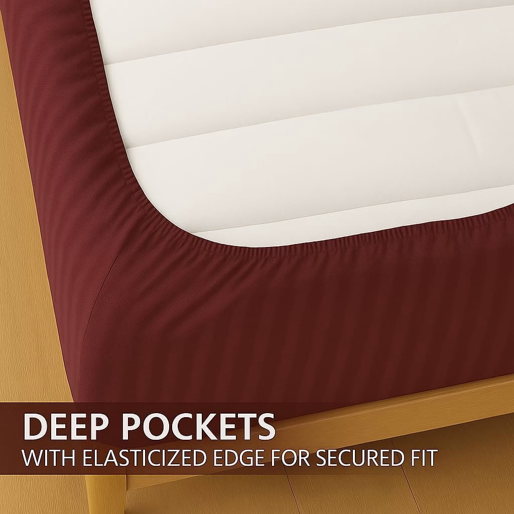 Home Mart Outlet Striped Microfiber Fitted Sheet Set – Super King 200x200 cm – Maroon Color – 1 Fitted Sheet & 2 Pillowcases (50x75 cm) – Deep Pocket, Soft, Durable, Wrinkle-Resistant Bedding Set - Image 6