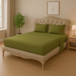 Home Mart Outlet Striped Microfiber Fitted Sheet Set – Super King 200x200 cm – Olive Green Color – 1 Fitted Sheet & 2 Pillowcases (50x75 cm) – Deep Pocket, Soft, Durable, Wrinkle-Resistant Bedding Set