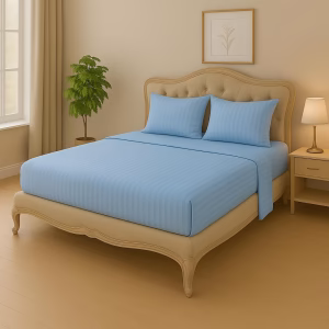 Home Mart Outlet Striped Microfiber Fitted Sheet Set – Super King 200x200 cm – Sky Blue Color – 1 Fitted Sheet & 2 Pillowcases (50x75 cm) – Deep Pocket, Soft, Durable, Wrinkle-Resistant Bedding Set