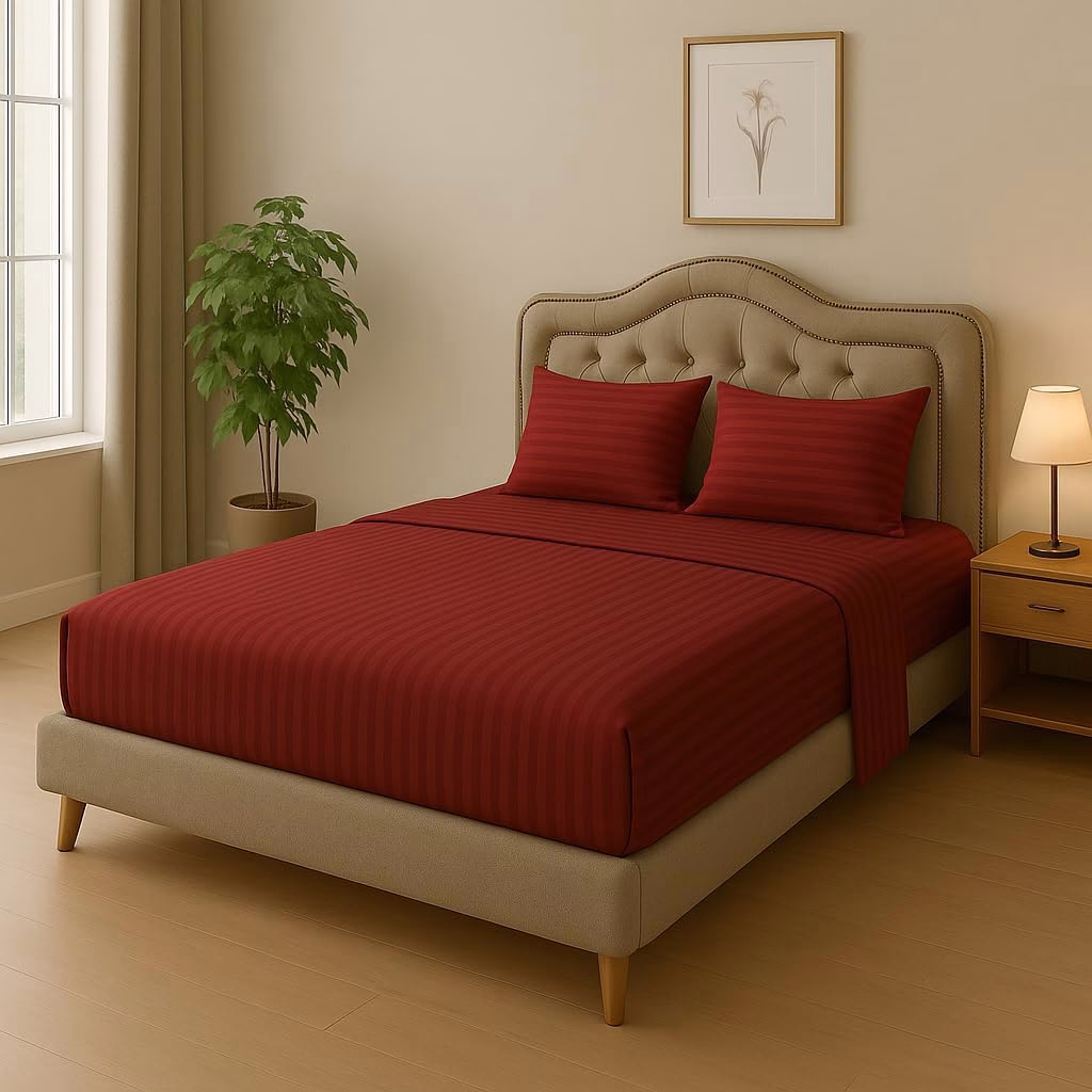 Home Mart Outlet Striped Microfiber Fitted Sheet Set – Twin 90x200 cm – Dark Red Color – 1 Fitted Sheet & 2 Pillowcases (50x75 cm) – Deep Pocket, Soft, Durable, Wrinkle-Resistant Bedding Set - Image 2