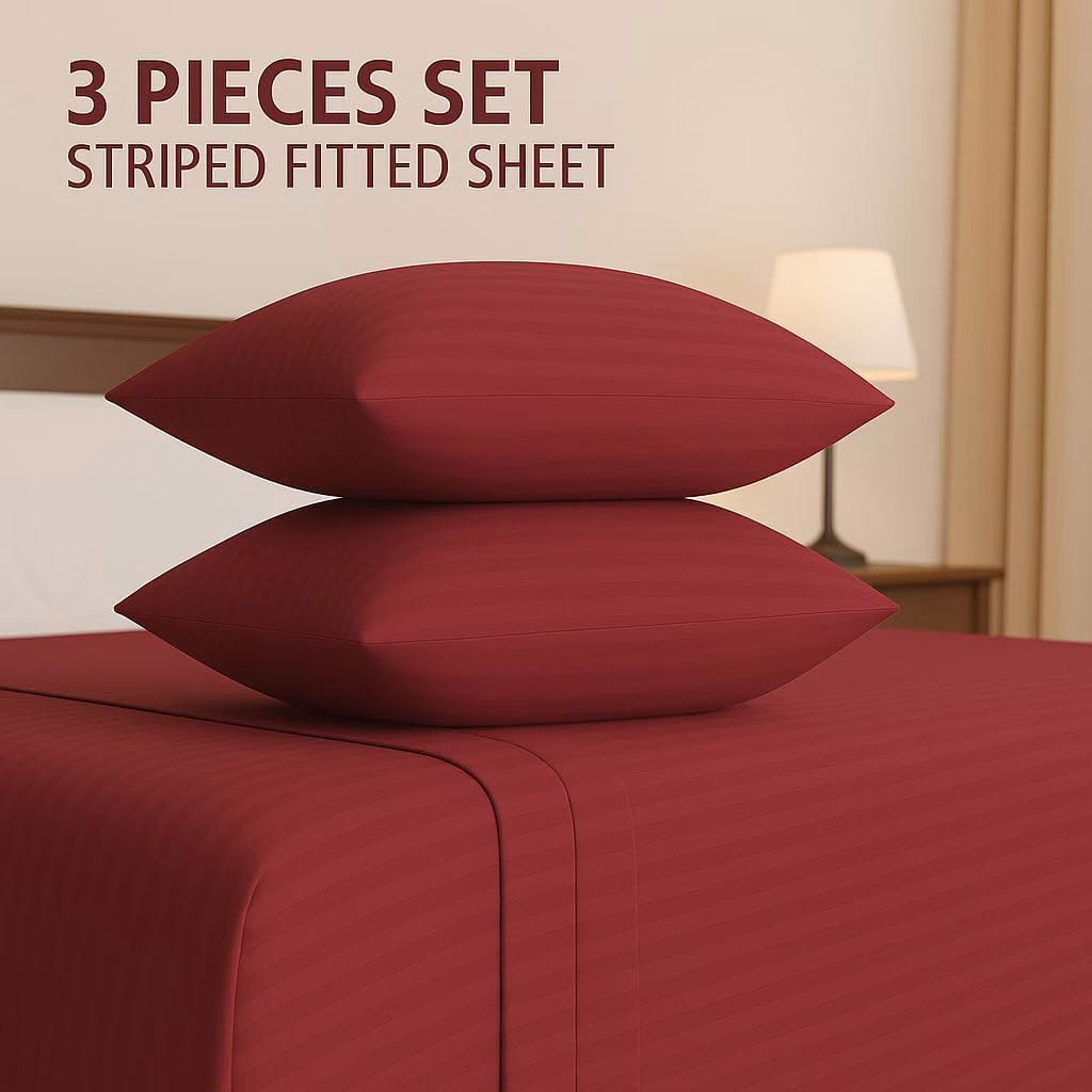 Home Mart Outlet Striped Microfiber Fitted Sheet Set – Twin 90x200 cm – Dark Red Color – 1 Fitted Sheet & 2 Pillowcases (50x75 cm) – Deep Pocket, Soft, Durable, Wrinkle-Resistant Bedding Set - Image 3