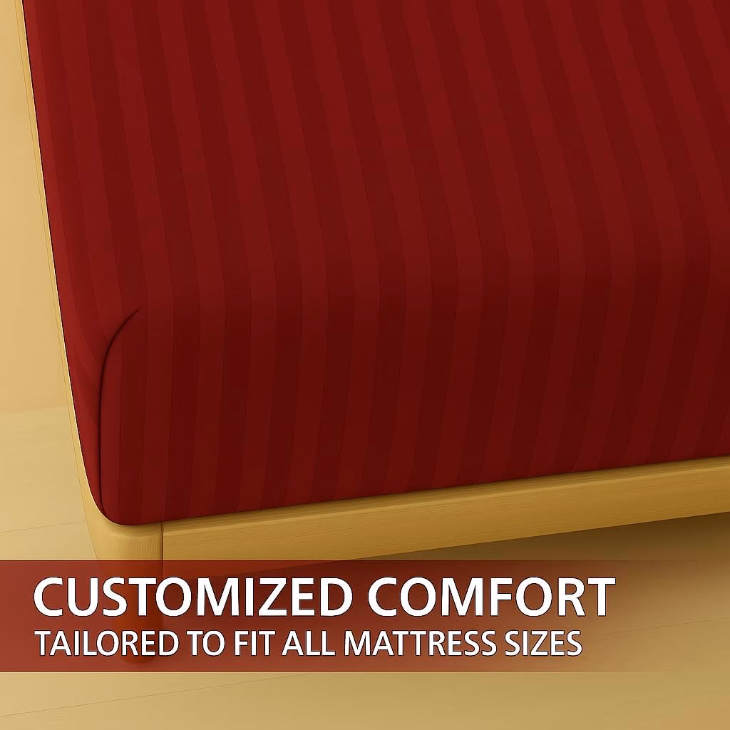 Home Mart Outlet Striped Microfiber Fitted Sheet Set – Twin 90x200 cm – Dark Red Color – 1 Fitted Sheet & 2 Pillowcases (50x75 cm) – Deep Pocket, Soft, Durable, Wrinkle-Resistant Bedding Set - Image 6