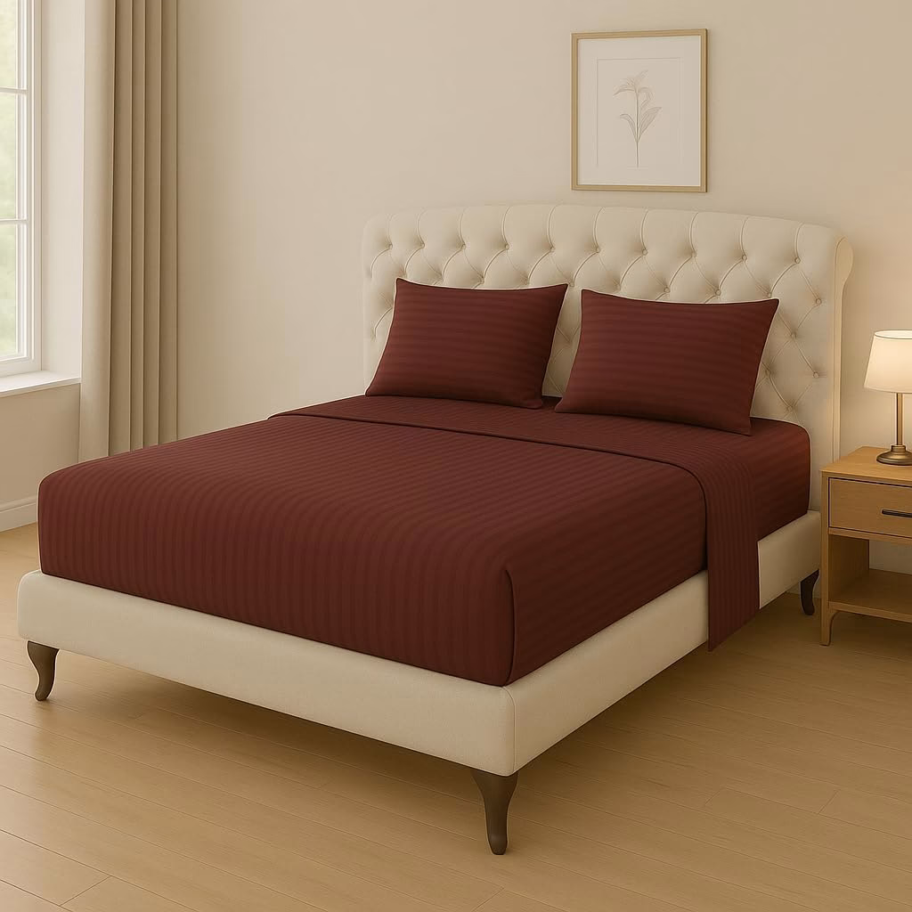 Home Mart Outlet Striped Microfiber Fitted Sheet Set – Twin 90x200 cm – Maroon Color – 1 Fitted Sheet & 2 Pillowcases (50x75 cm) – Deep Pocket, Soft, Durable, Wrinkle-Resistant Bedding Set