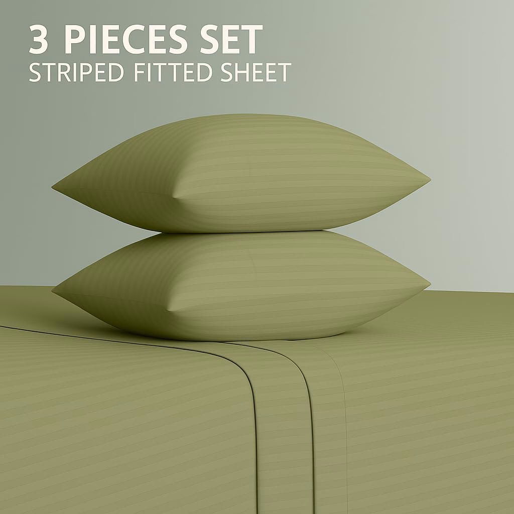 Home Mart Outlet Striped Microfiber Fitted Sheet Set – Twin 90x200 cm – Olive Green Color – 1 Fitted Sheet & 2 Pillowcases (50x75 cm) – Deep Pocket, Soft, Durable, Wrinkle-Resistant Bedding Set - Image 2