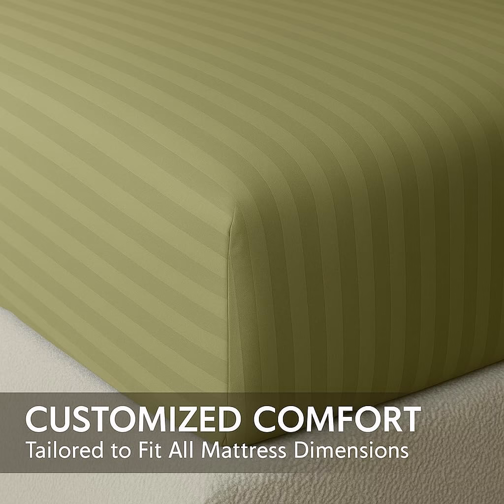 Home Mart Outlet Striped Microfiber Fitted Sheet Set – Twin 90x200 cm – Olive Green Color – 1 Fitted Sheet & 2 Pillowcases (50x75 cm) – Deep Pocket, Soft, Durable, Wrinkle-Resistant Bedding Set - Image 3