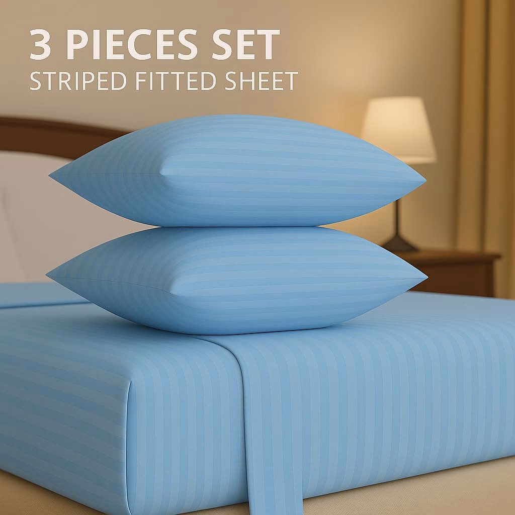 Home Mart Outlet Striped Microfiber Fitted Sheet Set – Twin 90x200 cm – Sky Blue Color – 1 Fitted Sheet & 2 Pillowcases (50x75 cm) – Deep Pocket, Soft, Durable, Wrinkle-Resistant Bedding Set - Image 2