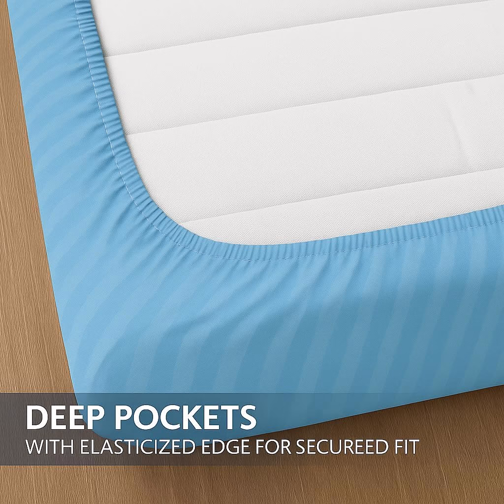 Home Mart Outlet Striped Microfiber Fitted Sheet Set – Twin 90x200 cm – Sky Blue Color – 1 Fitted Sheet & 2 Pillowcases (50x75 cm) – Deep Pocket, Soft, Durable, Wrinkle-Resistant Bedding Set - Image 5