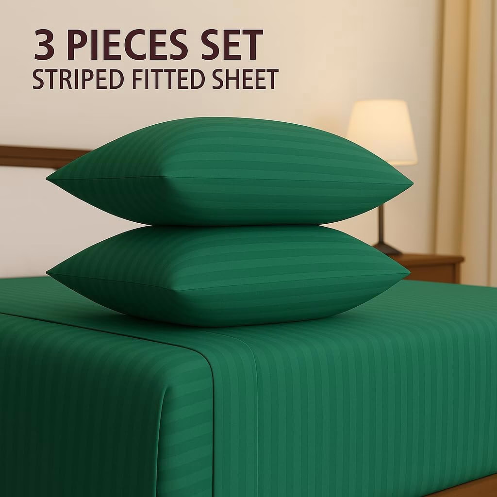 Home Mart Outlet Striped Microfiber Fitted Sheet Set – Twin 90x200 cm – Sea Green Color – 1 Fitted Sheet & 2 Pillowcases (50x75 cm) – Deep Pocket, Soft, Durable, Wrinkle-Resistant Bedding Set - Image 3